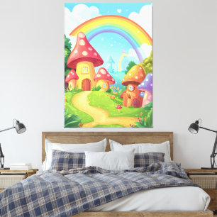Toile Maisons de champignons et arc-en-ciel