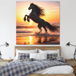 Toile Majestic Black Friesian Horse Sunset Ocean 