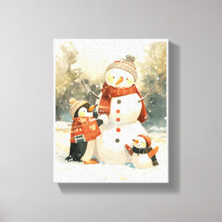 Toile Manchots mignons & Bonhomme de neige – Aquarelle h