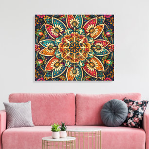 TOILE MANDALA FLORAL D'ART POPULAIRE VIBRANT