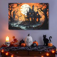 Manoir hanté d'Halloween à l'aube ambrée