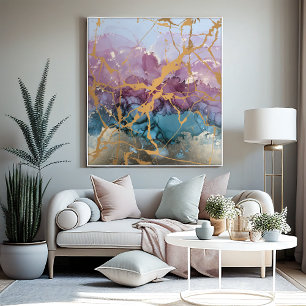 Toile Marbre Abstrait Pink Blue Gold Elegant