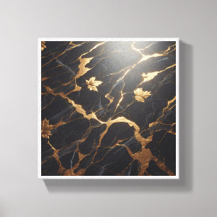 Toile Marbre Noir Luxueux avec Feuilles Dorées - Kintsug