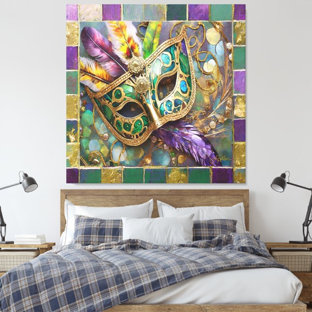 Toile Mardi Gras Masque de plumes vert et doré (Insitu(Chambre))