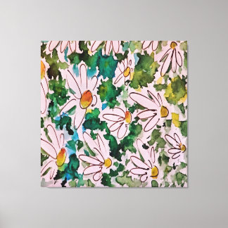 Toile Marguerites, substrat vert, abstraction.