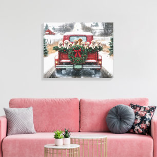 Toile Marionnettes Golden Retriever En Camion Rouge Noël
