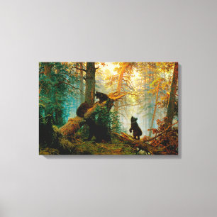 Toile Matin dans une forêt de pins Ours avec oursons Shi
