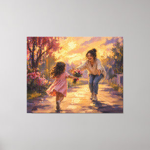 Toile Mère Enfant Courant Avec Des Fleurs