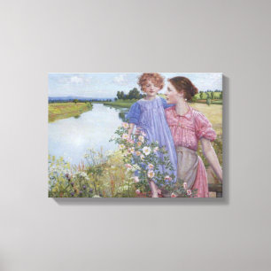 Toile Mère et enfant au bord d'une rivière avec des Rose