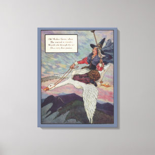 Toile Mère Oie des années 1920 chevauchant sa gigantesqu