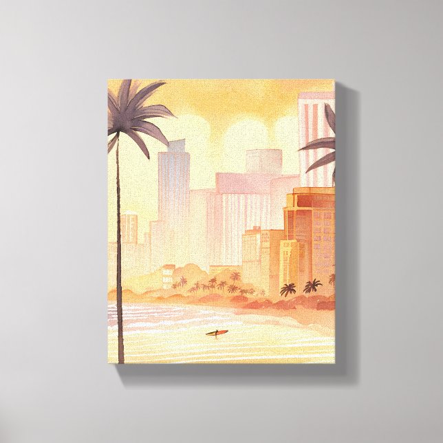 Toile Miami Sunrise | Aquarelle jaune Peinture Skyline (Recto)