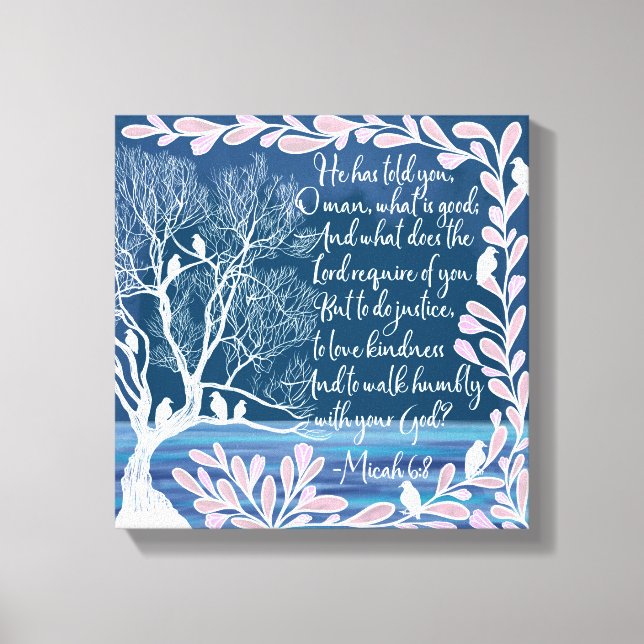 Toile Micah 6:8 Turquoise Bleu Blanc Arbre Oiseaux Bible (Recto)