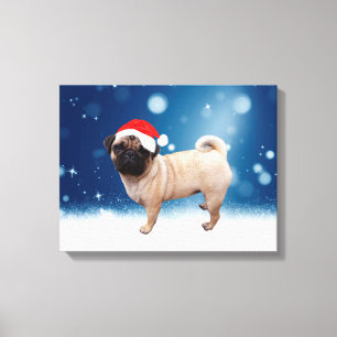 Toile Mignonne chien Carlin Noël Père Noël Chapeau Neige
