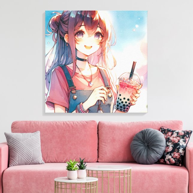 Toile Mignonne fille Anime tenant un Boba Tea (Insitu(Salon))