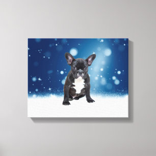 Toile Mignonne French Bulldog Etoiles de neige Bleu Noël