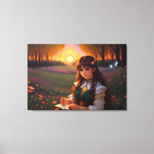 Toile Mignonne Sad Anime Style Femme dans le pré au couc