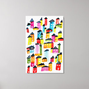 Toile Mignonnes maisons d'aquarelle blanc