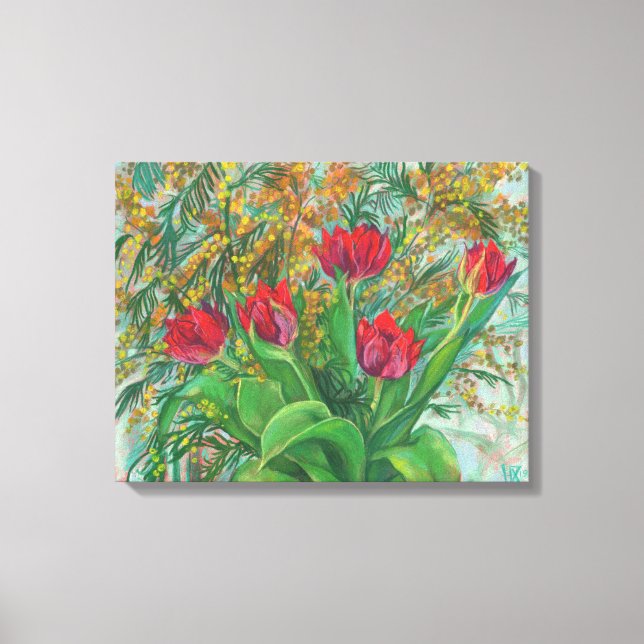 Toile Mimosa et Tulipes, Fleurs de Printemps, Peinture F (Recto)