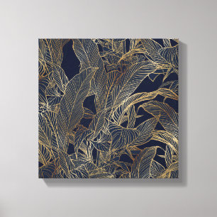 Toile Moderne Blue Gold Foliage Plante Design botanique