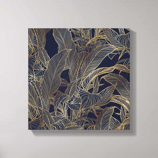 Toile Moderne Blue Gold Foliage Plante Design botanique (Recto)