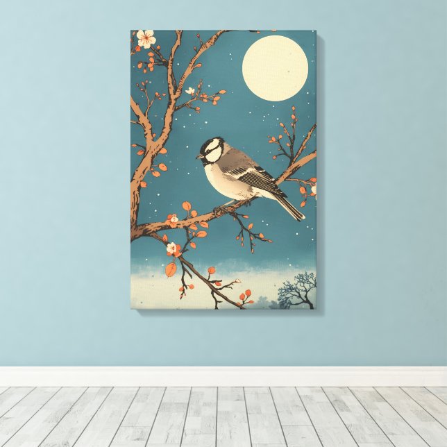 Toile Moonlit Bird on Blossom Branch Leinwanddruck (Insitu (Holzboden))