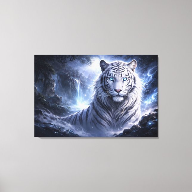 Toile Moonlit White Tiger Guardian – Blue Fantasy Spirit (Recto)