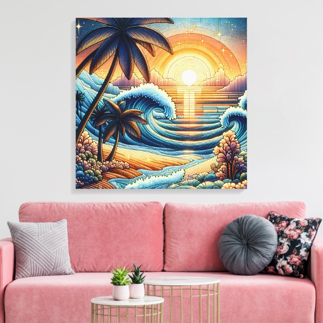 Toile Mosaic Ai Art | Coucher de soleil et palmiers océa (Insitu(Salon))