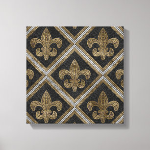 Toile Mosaïque de fleur de lis motif noir et or
