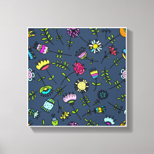 Toile Motif de fleur de gribouillis coloré sur fond bleu