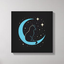 Toile Mystic Cat on Blue Moon Night Sky