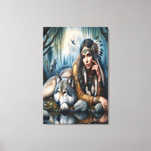 Toile Mystique Une Américaine Autochtone Avec Loups 24x3