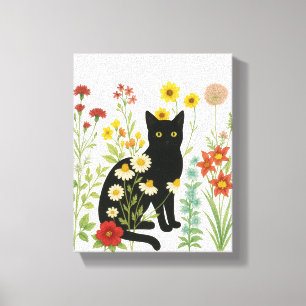 Toile Nature botanique – Chat noir dans un jardin de fle