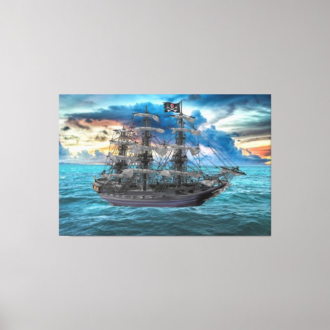TOILE NAVIRE DE PIRATE ANCRÉ AU COUCHER DU SOLEIL (Recto)