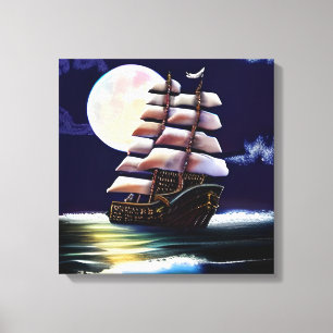 Toile Navire illuminé sur l'océan sous la lune