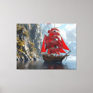 Toile Navire Majestueux Avec Voiles Rouges Près de Côte
