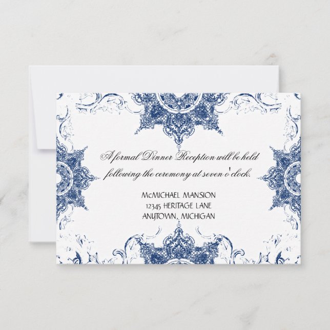 Toile Navy n White Damask Swirl Hochzeitsempfang Einladung (Vorderseite)