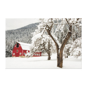 Toile Neige fraîche sur la grange rouge