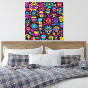 Toile Neon Doodle Faces - Motif d'art de rue animé