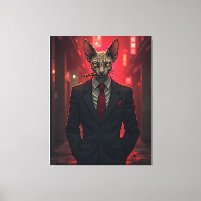 Toile Neon Noir Sphynx Cat in Mafia Style (Recto)