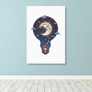 Toile Night Sky and Cottage Inside a Lightbulb