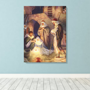 Toile Noël vintage de la Nativité, 3 bergers et Jésus