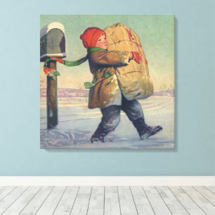 Toile Noël vintage, enfant avec gros colis