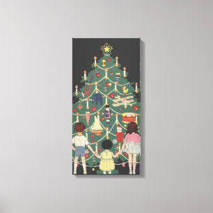 Toile Noël vintage Enfants autour d'un arbre décoré