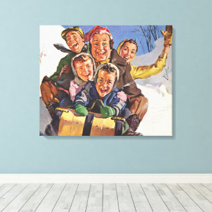 Toile Noël vintage, famille heureuse faisant de la luge