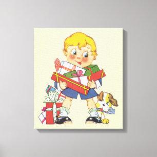Toile Noël Vintage, Garçon avec Cadeaux et Chiot
