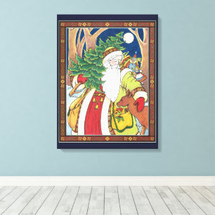Toile Noël vintage, Père Noël en Forêt