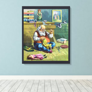 Toile Noël Vintage, Père Noël Fabriquant Des Poupées De 