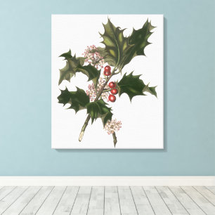 Toile Noël vintage, plante de houx avec des baies rouges