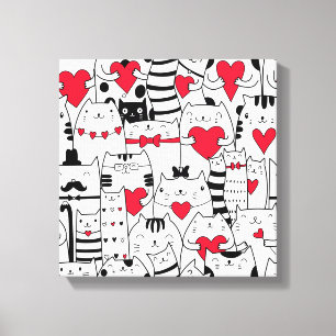 Toile Noir Blanc Cute Chat Coeur Rouge
