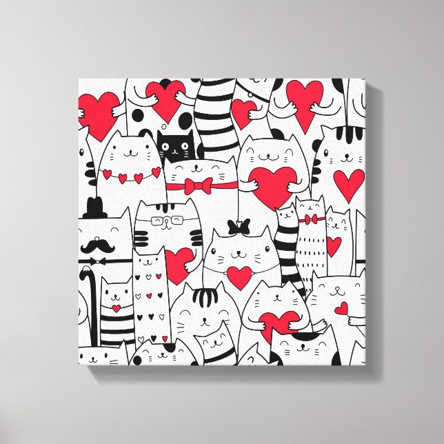 Toile Noir Blanc Cute Chat Coeur Rouge (Recto)